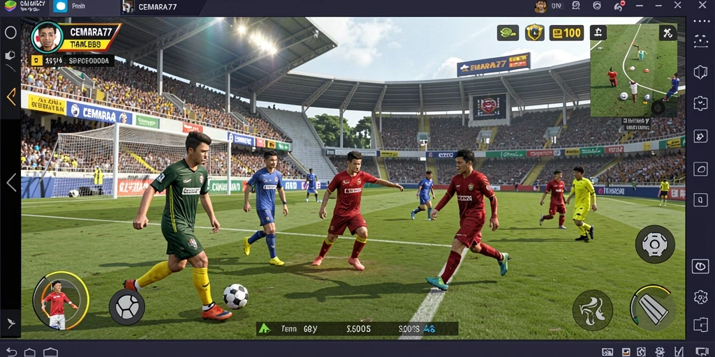 Screenshot gameplay CEMARA77 dengan aksi seru di lapangan sepak bola.