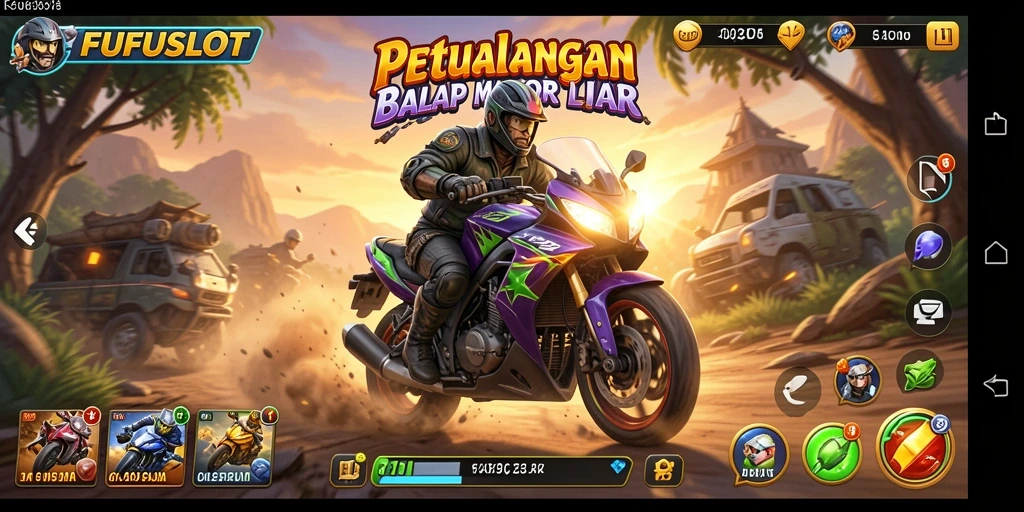 Gameplay menyenangkan dari FUFUSLOT menampilkan balapan motor yang seru.
