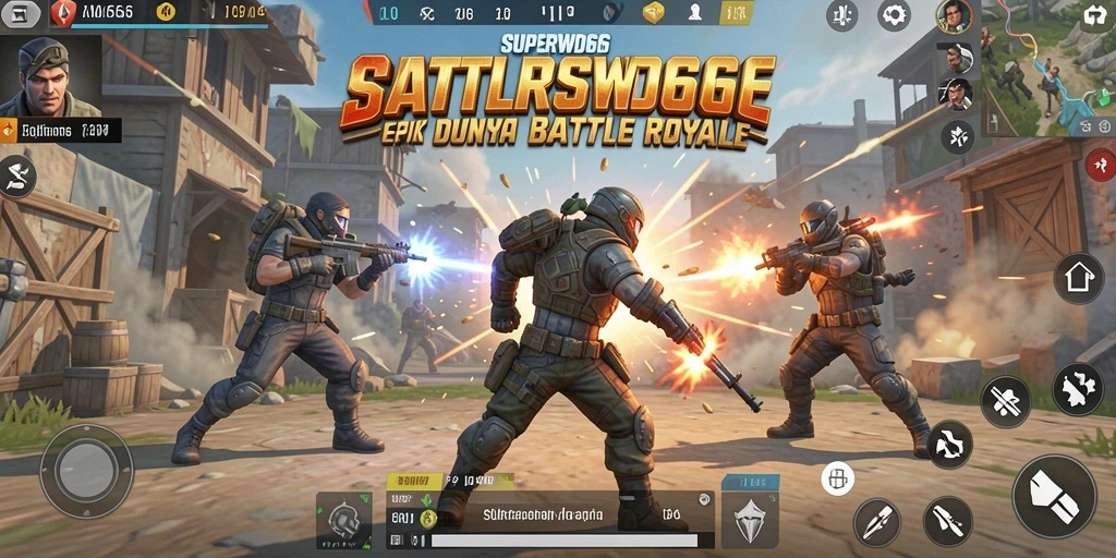 Tampilan gameplay mendebarkan dalam SUPERWD666 di medan perang Battle Royale.
