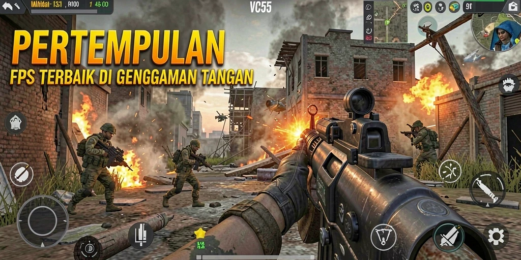 Tampilan utama gameplay VC55 dalam pertarungan FPS intens.