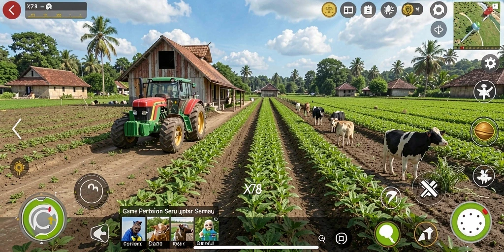 Tangkapan layar gameplay X78 menampilkan ladang yang subur dan hewan ternak yang sehat.