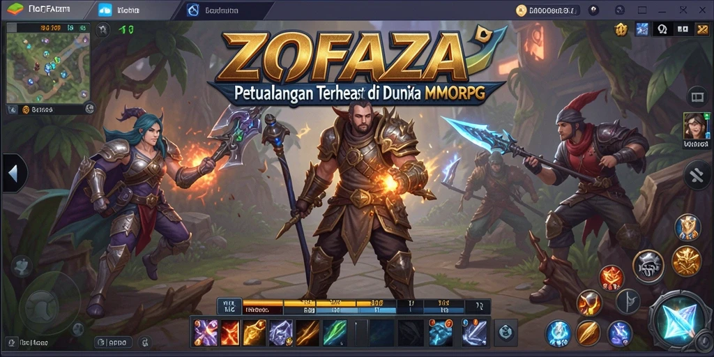 Screenshot gameplay MMORPG ZOFAZA dengan karakter dan pertarungan epik.